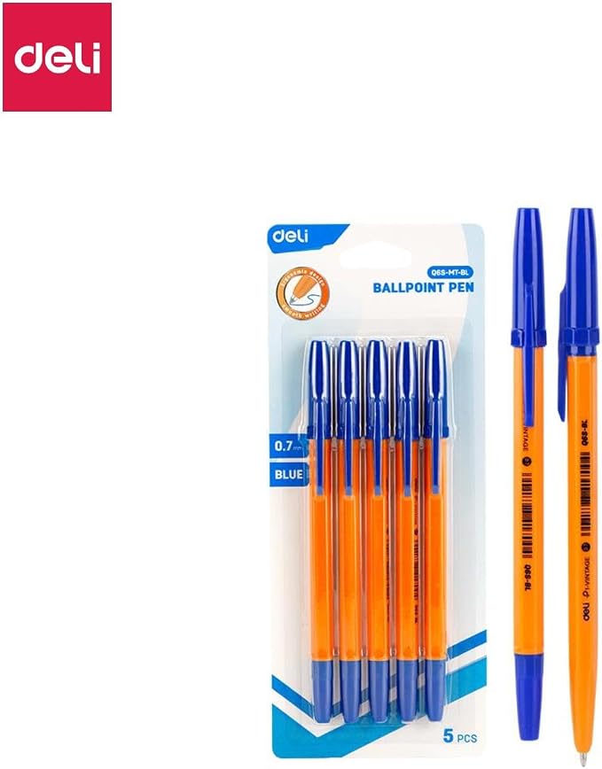 Deli Blue Ink Finepoint Ballpoint Pen, 0.7 mm Tip Size -  Pack of 5