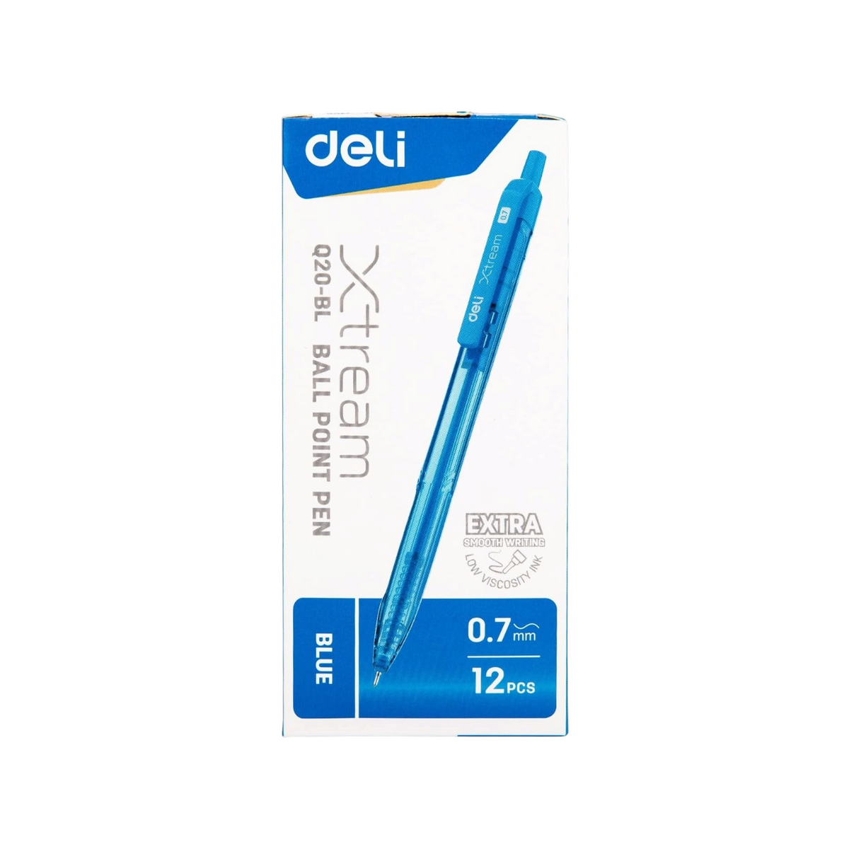 Elite Stationery House Deli Q20-BL 0.7mm blue ballpoint pen in retail packaging with 12 pieces
