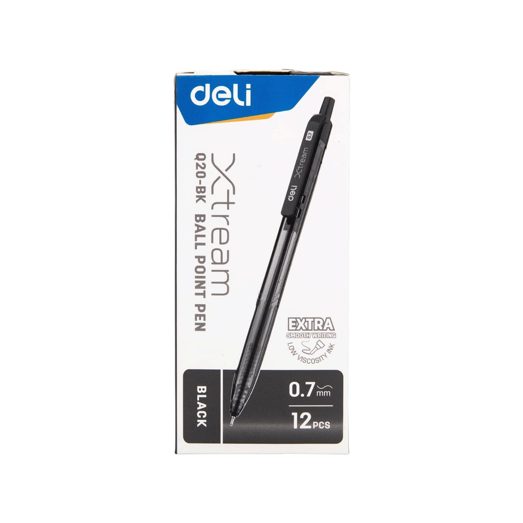 Elite Stationery House Deli Xtream 0.7mm black ballpoint pen set featuring a 12-piece pack with ergonomic design