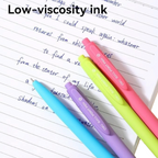 Elite Stationery House Deli Q53-BL ballpoint pens with vibrant pastel barrels and blue ink writing on lined paper