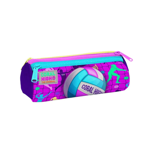 Coral High Kids Pink Purple Volleyball Patterned Three Compartment Pencil Bag