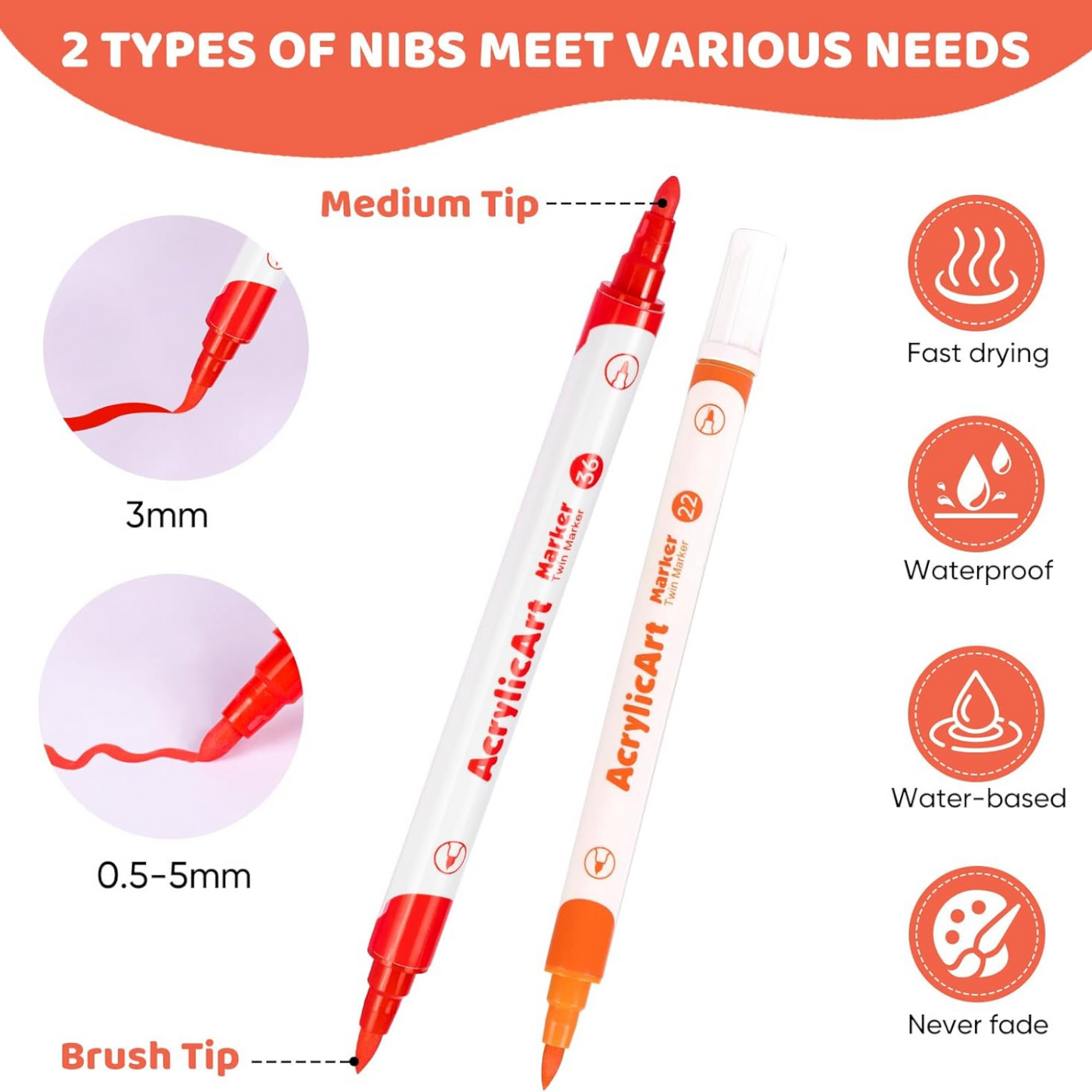 24 & 36 Colors Acrylic Paint Pens With Dual Tip - Medium and Brush Tips