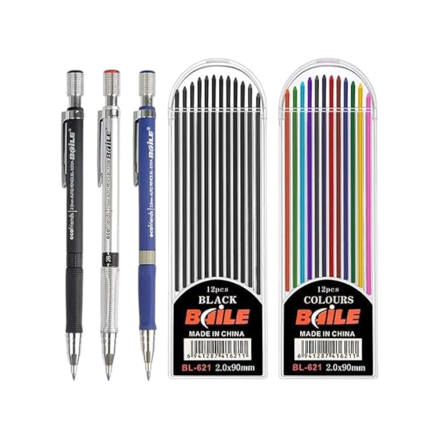 Mechanical Pencil Kit 2 mm, 3 Pieces Mechanical Pencil Set + 24 Pieces Leads