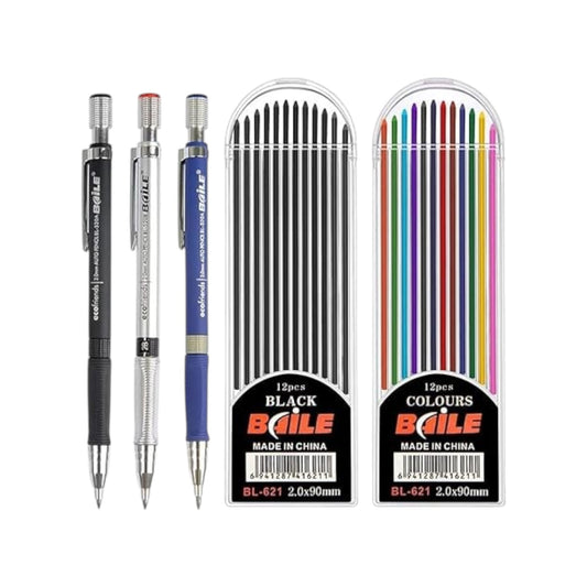 Mechanical Pencil Kit 2 mm, 3 Pieces Mechanical Pencil Set + 24 Pieces Leads