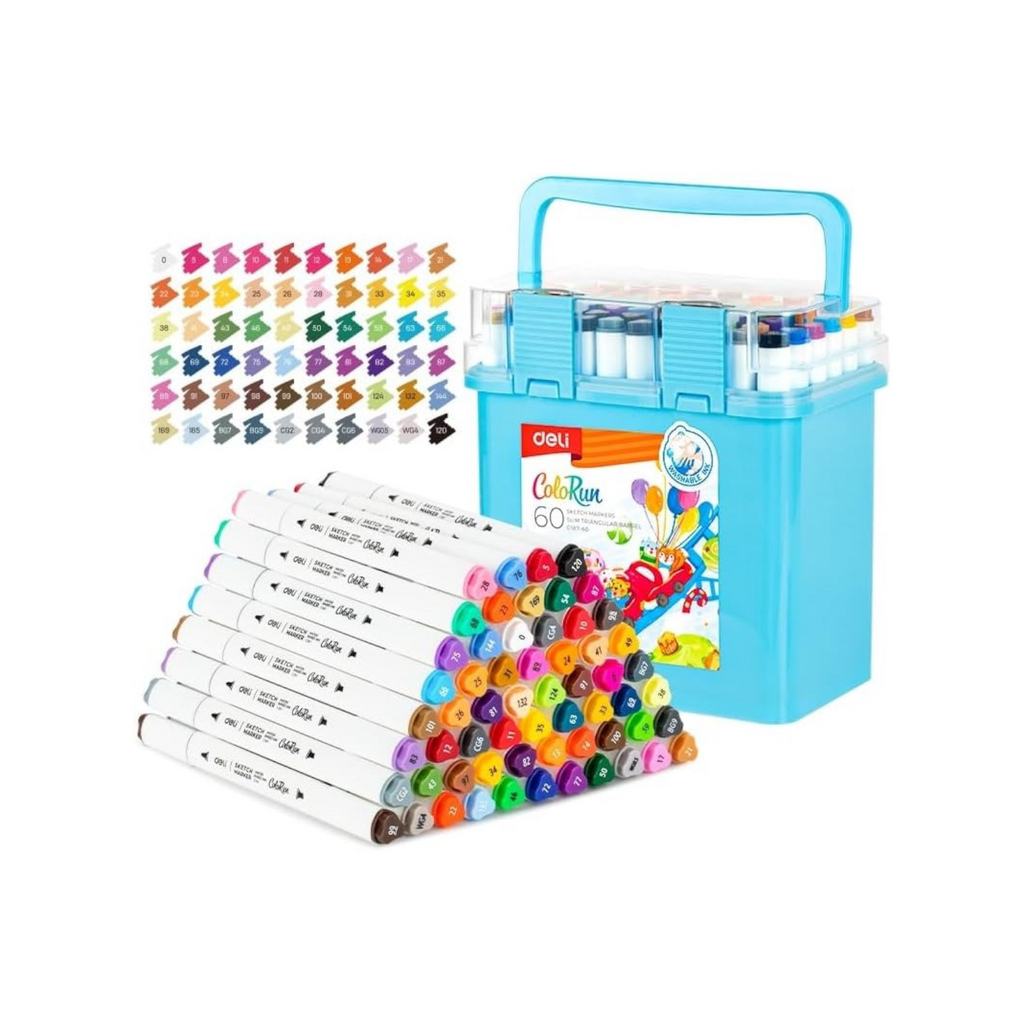 Elite Stationery House 60-piece Deli double-tip sketch marker set with a blue carrying case and color swatch chart.