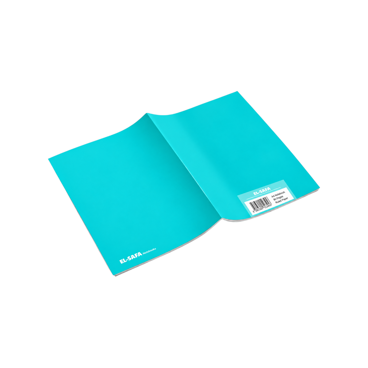 Elite Stationery House EL SAFA A4 lined notebook with a bright cyan cover, 60 sheets, shown from a back view.