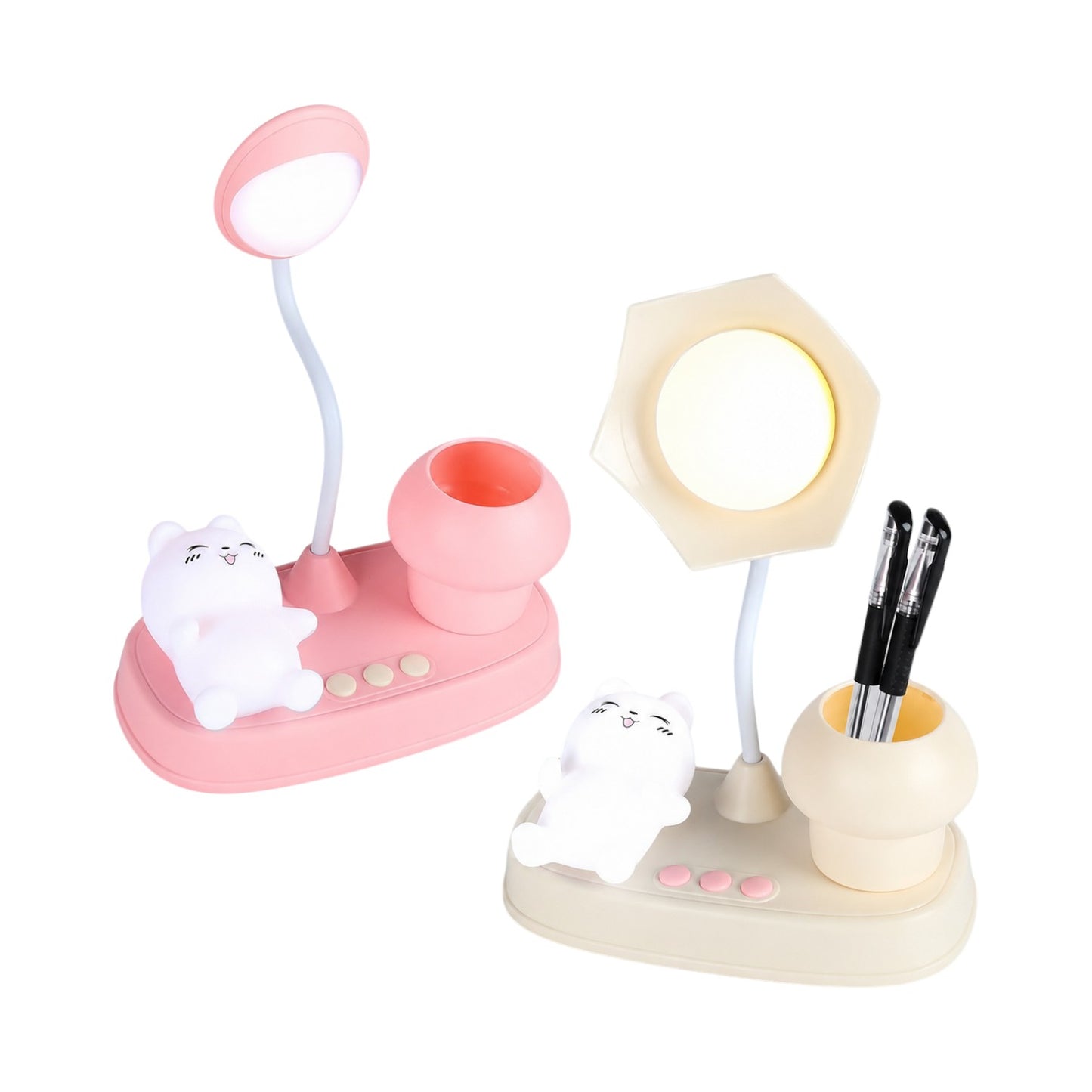 A Desk Lamp, With A Pen Holder, And A Light-Up Toy.