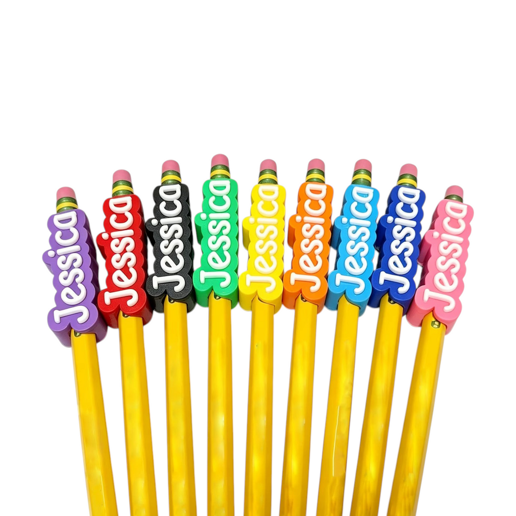 Elite Stationery House personalized 3D-printed pencil caps in various bright colors featuring the name Jessica.