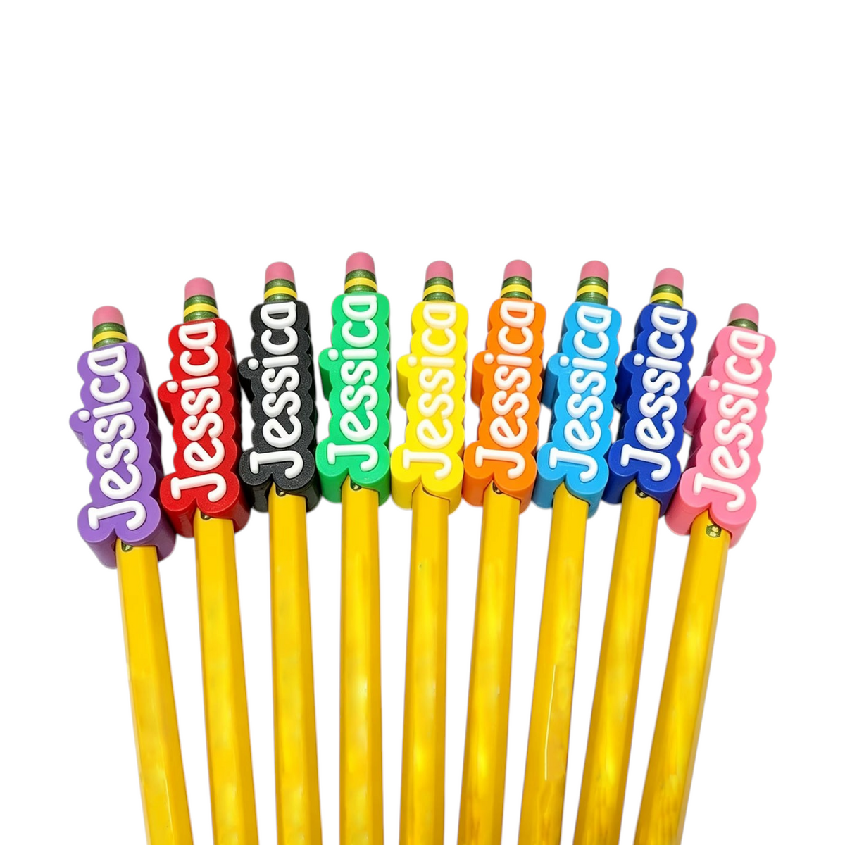 Elite Stationery House personalized 3D-printed pencil caps in various bright colors featuring the name Jessica.