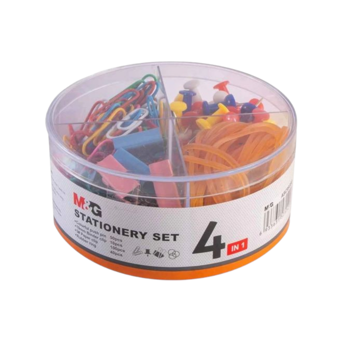 Elite Stationery House M&G 4-in-1 office supply set with colorful paper clips, push pins, binder clips, and rubber bands