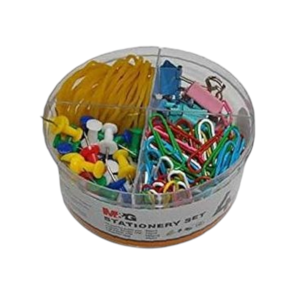 Elite Stationery House M&G 4-piece office supply set with rubber bands, paper clips, push pins, and binder clips.
