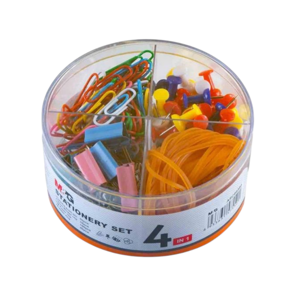 Elite Stationery House M&G 4-piece stationery set featuring colorful paper clips, push pins, binder clips, and bands.
