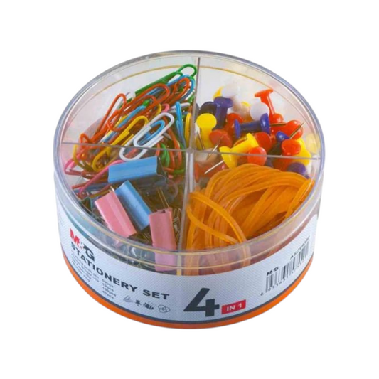 Elite Stationery House M&G 4-piece stationery set featuring colorful paper clips, push pins, binder clips, and bands.