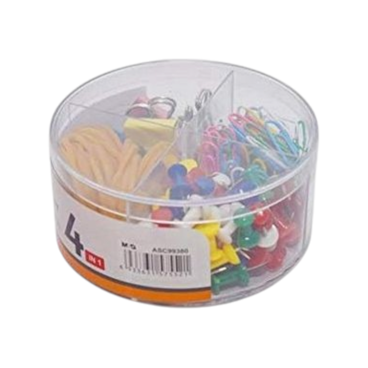 Elite Stationery House M&G 4-piece office supply set in a round clear container with rubber bands, clips, and pins.