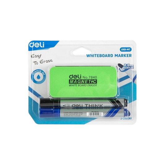 Deli Whiteboard 2 Markers & Eraser Set Asst Blister