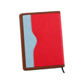 Elite Stationery House soft cover notebook with red and light blue textured fabric panels and brown stitched trim.