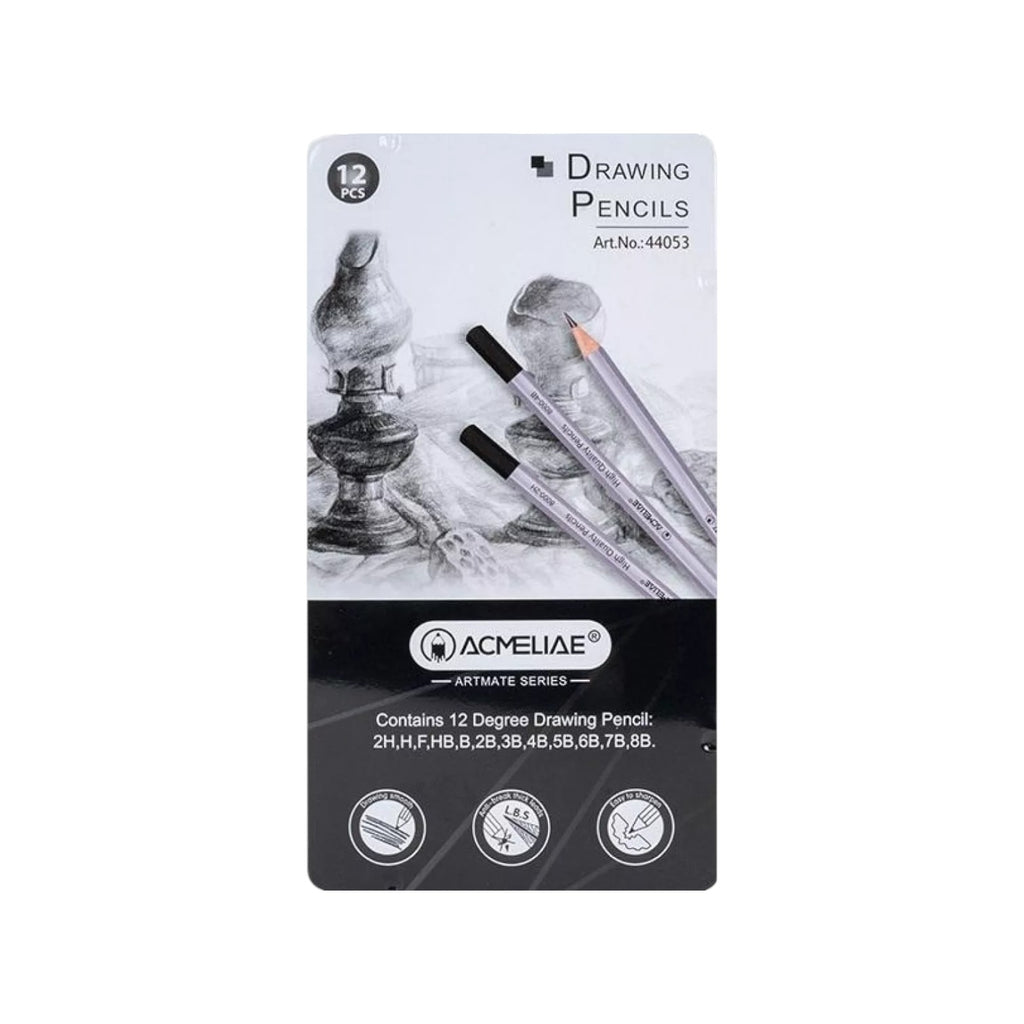 Acmeliae Hexagonal Pencil Set – 12 - 16 Pencils in Tin Box – Grades 2H to 8B