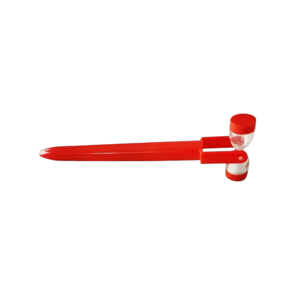 Elite Stationery House red ballpoint pen featuring a decorative hourglass with moving sand on the end