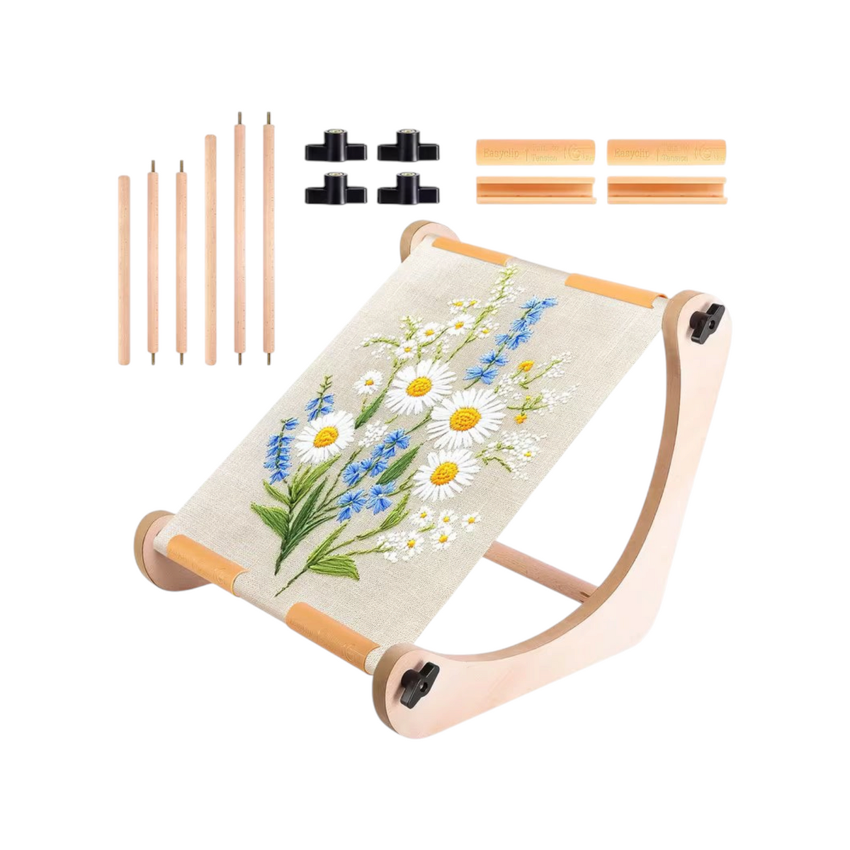 Elite Stationery House adjustable wooden embroidery stand with a floral cross stitch project on a tabletop frame