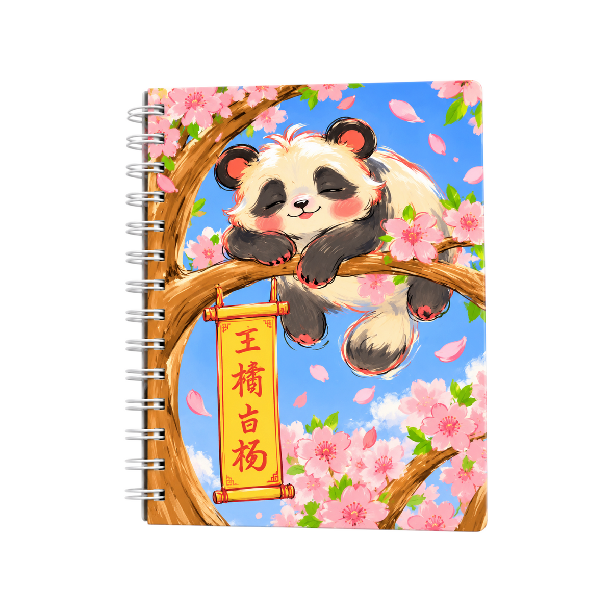 Elite Stationery House A5 spiral notebook featuring a cute panda sleeping in a cherry blossom tree with pink petals.