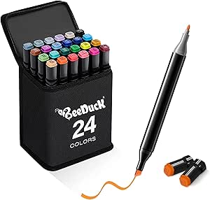 Sketch Pens Set of 24 Colors With Carrying Case, Dual Tip Fine and Broad Chisel