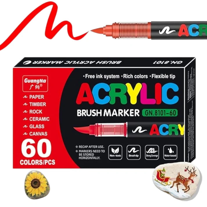 60 Set of Soft Brush Tip Acrylic Markers, Quick-Drying Waterproof