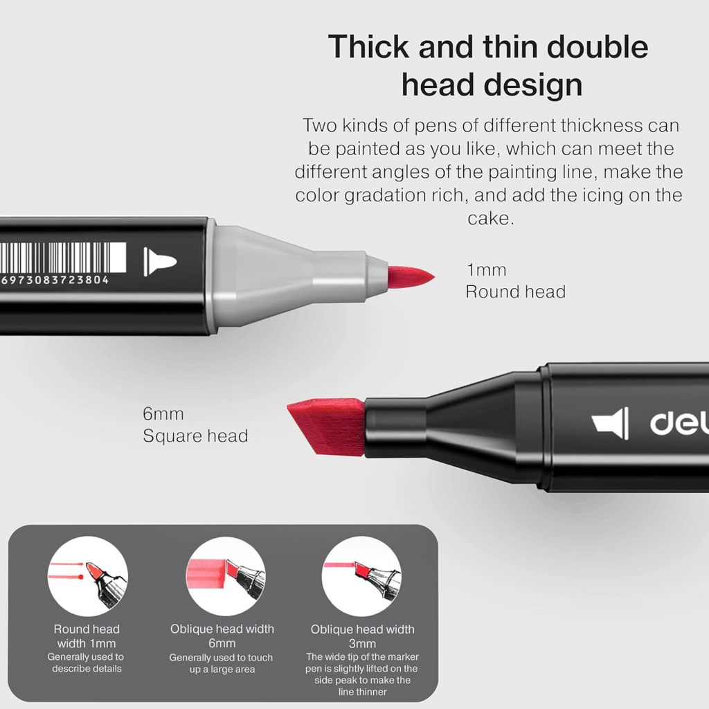 Elite Stationery House Deli double tip sketch marker showing 1mm round and 6mm chisel nibs for detailed drawing