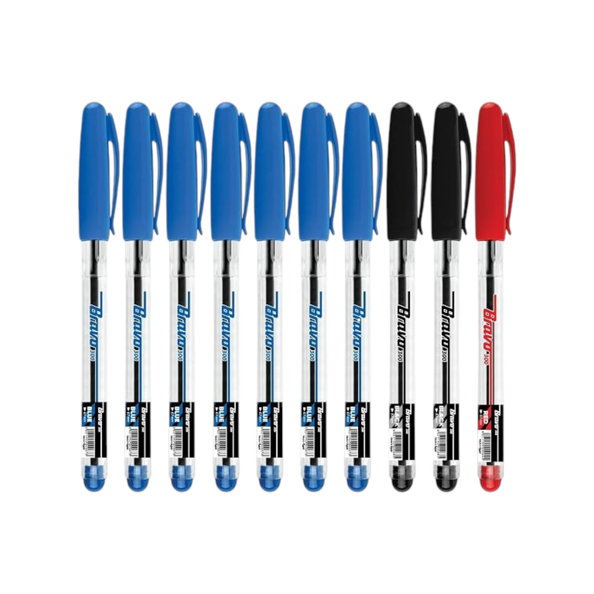 Elite Stationery House Bravo 300 ballpoint pens in blue, black, and red with 0.7mm micro points and ergonomic bodies.