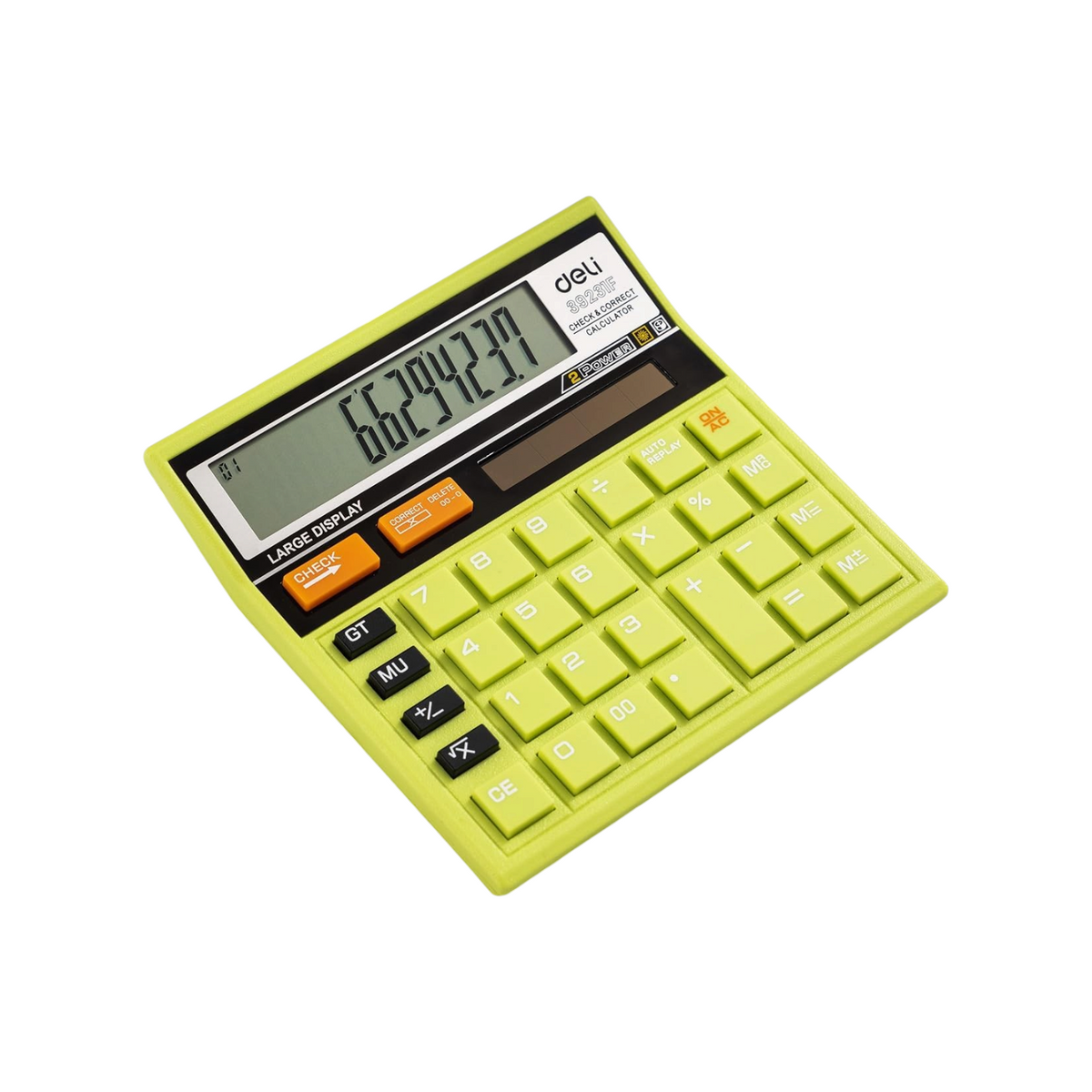 Elite Stationery House green Deli 12-digit dual power calculator with 120-step check function on architectural plans.