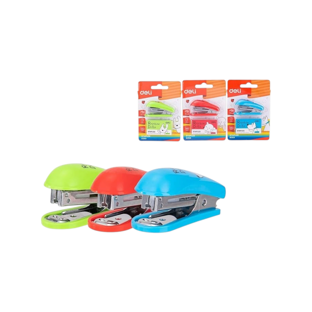 Elite Stationery House Deli e0253 mini staplers in green, red, and blue with soft-touch finish for office or school.