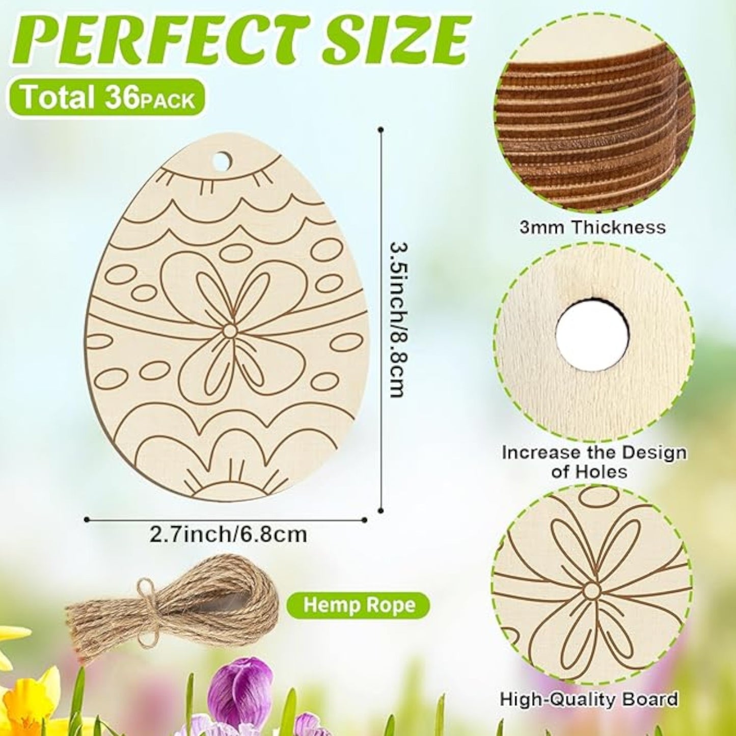 36PCS Wooden Easter Ornaments to Paint, 6 Styles DIY Blank Unfinished Wood Egg Cutouts