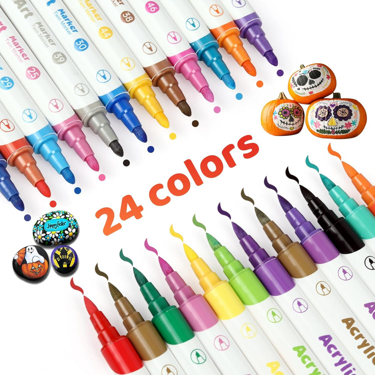 24Colors Acrylic Paint Pens With Dual Tip - Medium and Brush Tips