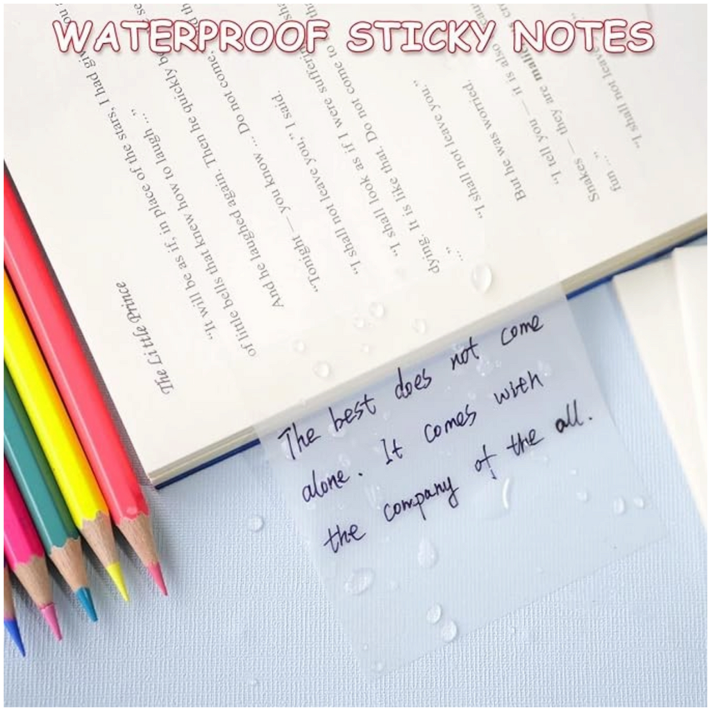 Elite Stationery House transparent waterproof self-adhesive sticky notes on a book page with colored pencils