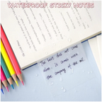 Elite Stationery House transparent waterproof self-adhesive sticky notes on a book page with colored pencils