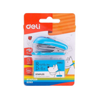 Elite Stationery House Deli e0253 mini blue stapler in blister packaging with Rainbow Dolls design