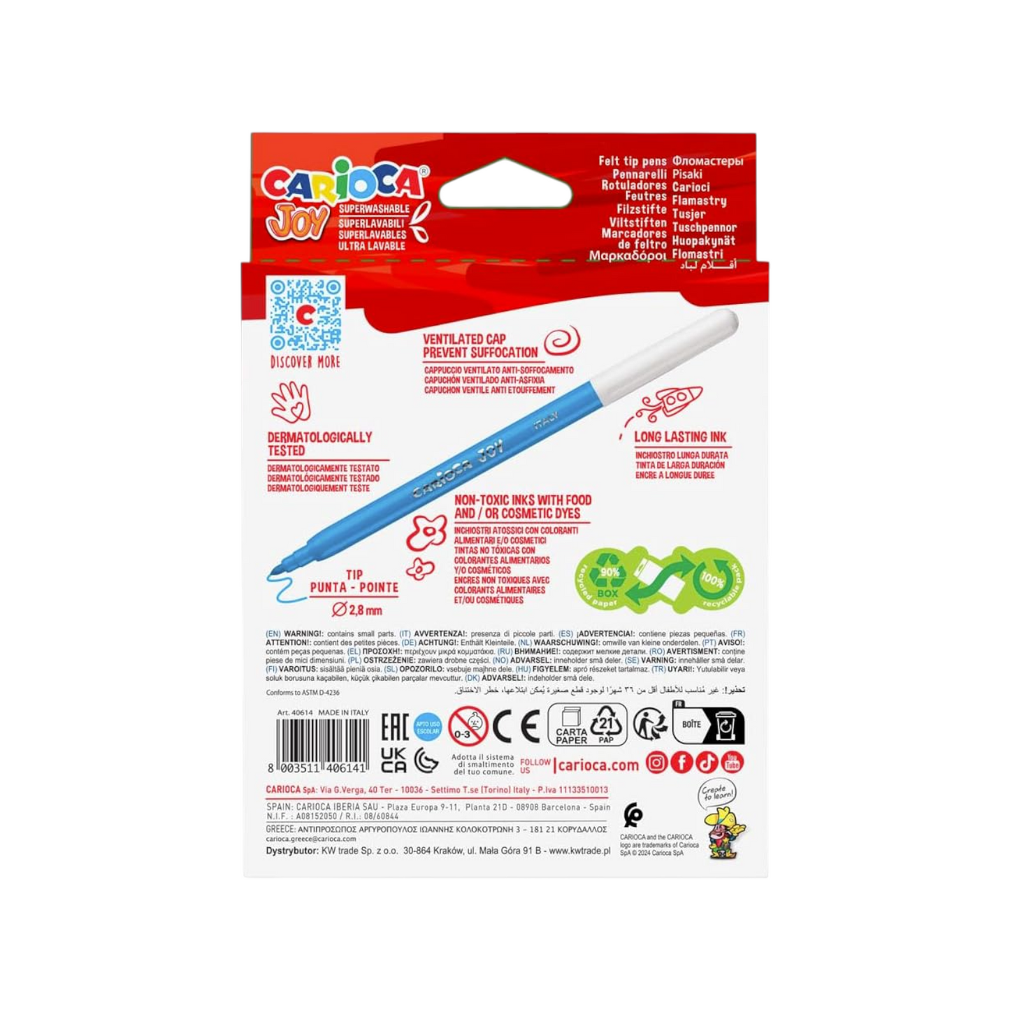 Carioca Super Washable Fne Nib Color Markers - Set of 12