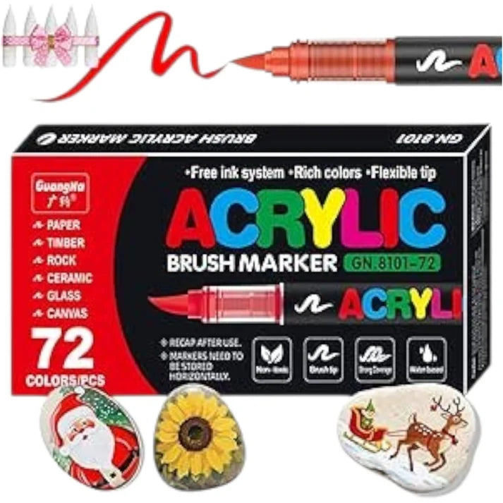 72 Set of Soft Brush Tip Acrylic Markers, Quick-Drying Waterproof