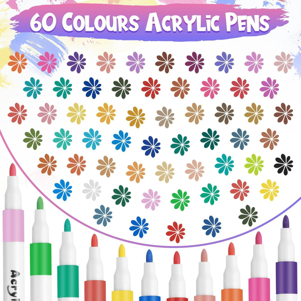 60 Colours Acrylic Paint Pens Markers, Acrylic Paint Pens for Painting Rock, Wood, Metal, Canvas, Fine Tip