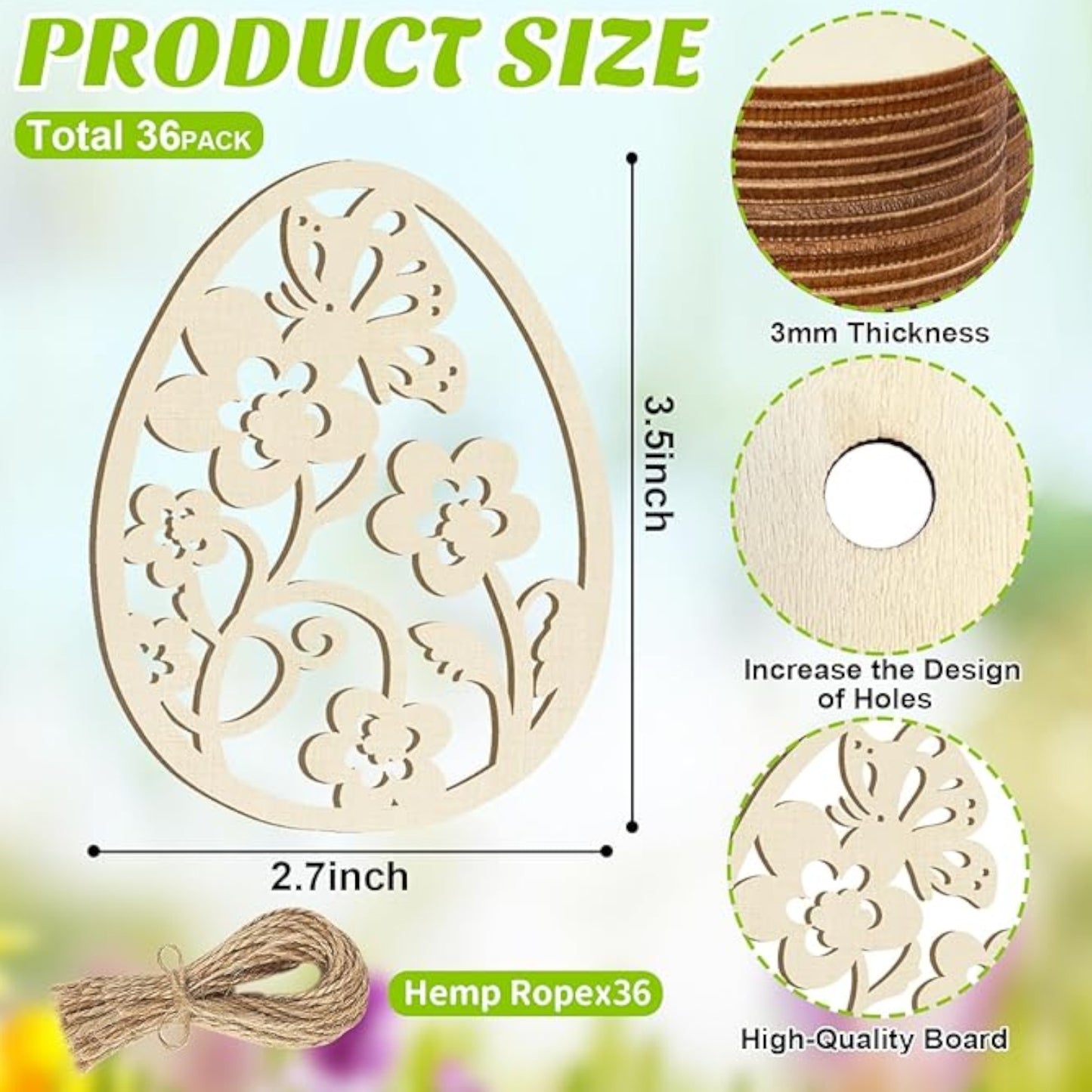 36PCS Wooden Easter Ornaments to Paint, 6 Styles DIY Blank Unfinished Wood Egg Cutouts