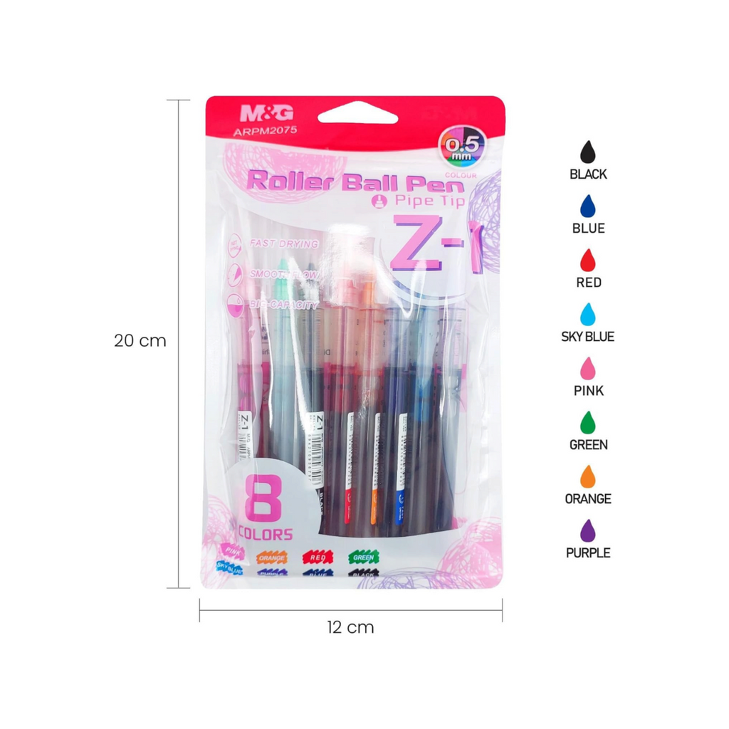 Elite Stationery House M&G 8-piece roller ball pen set with 0.5mm tips and transparent barrels in assorted colors