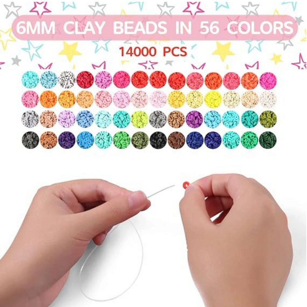 Elite Stationery House clay bead kit with 56 colors and 14000 pieces, showing hands threading a bead onto elastic cord.