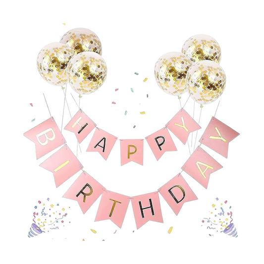 Pink Happy Birthday Banner with Gold Letters and 6 Balloons