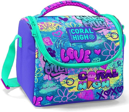 Coral High Kids Thermal Lunch Bag - Lavender Water Green Graffiti Patterned