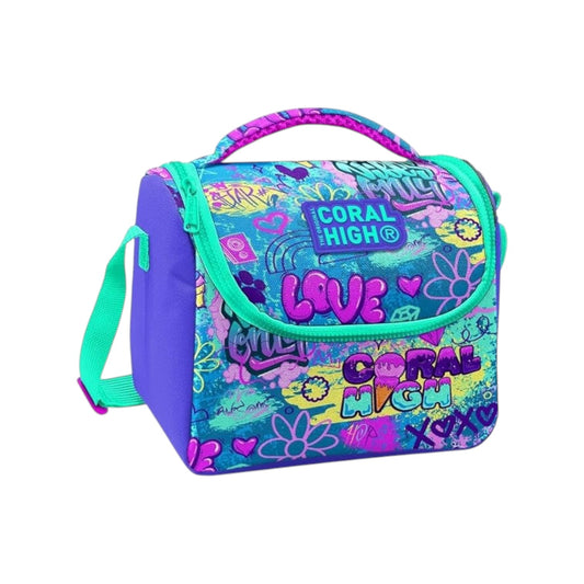 Coral High Kids Thermal Lunch Bag - Lavender Water Green Graffiti Patterned