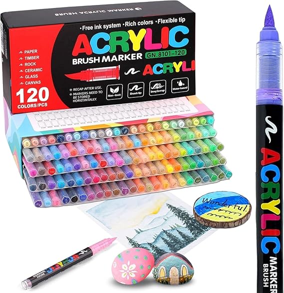 Soft Brush Tip Acrylic Markers, Quick-Drying Waterproof