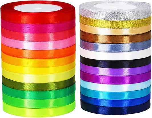 25 Rolls 625 Yards 25 Rainbow Colors Fabric Ribbons Bulk Silk Satin