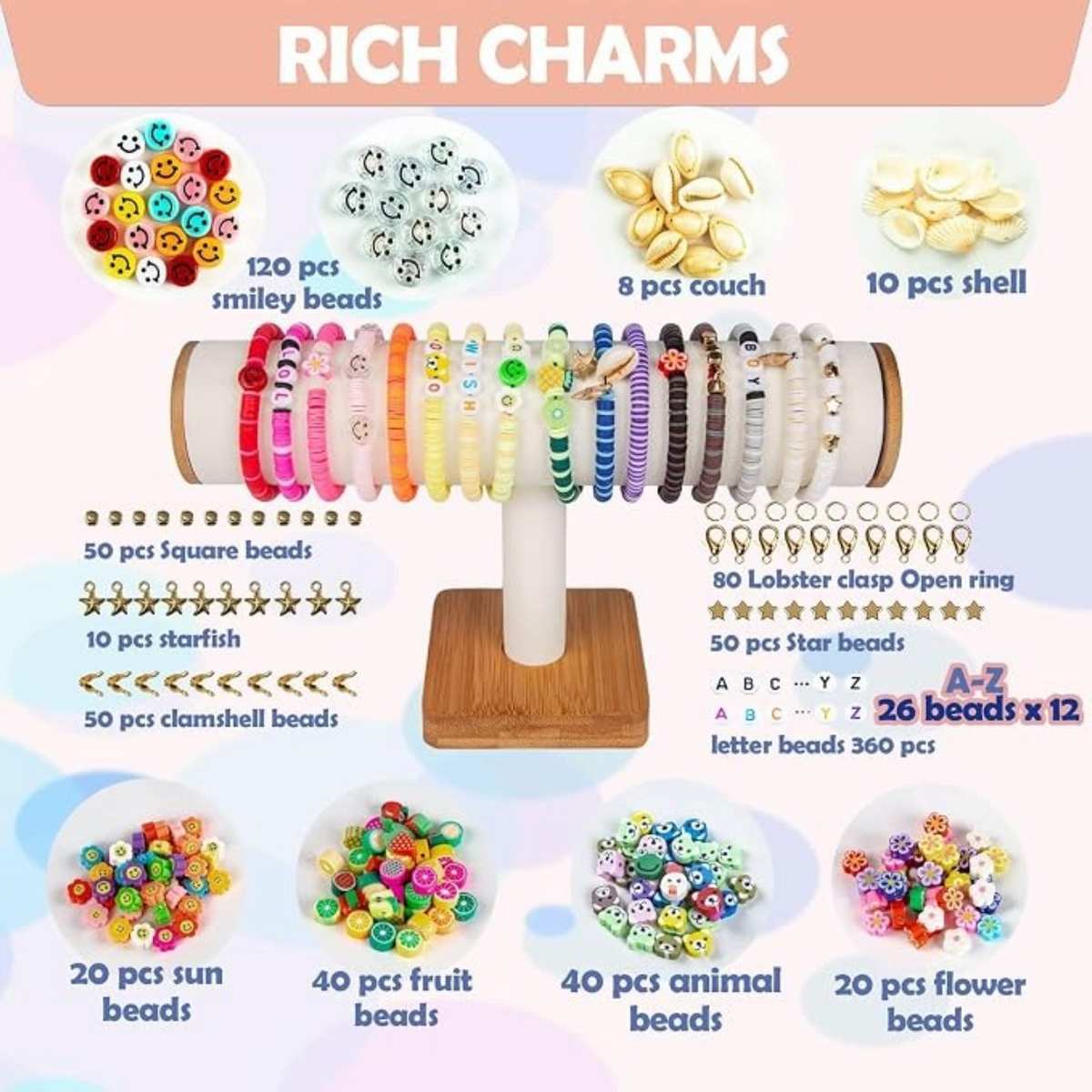 Elite Stationery House clay bead bracelet making kit with 7200 colorful polymer beads, charms, and alphabet letters.