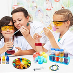 Elite Stationery House kids science lab kit with children and teacher performing colorful STEM experiments