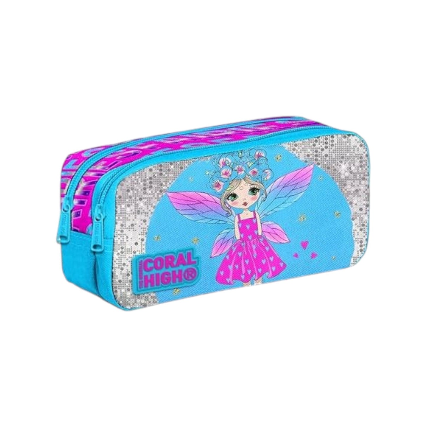 Coral High Kids Pink Blue Fairy Patterned Glittery Two Compartment Pencil Bag