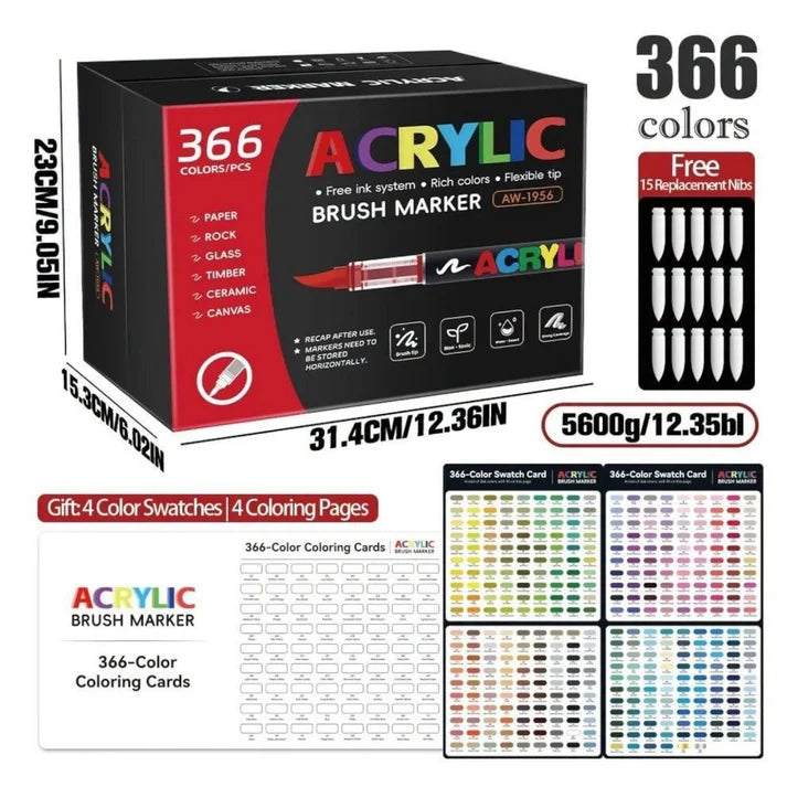 366  Set of Soft Brush Tip Acrylic Markers, Quick-Drying Waterproof